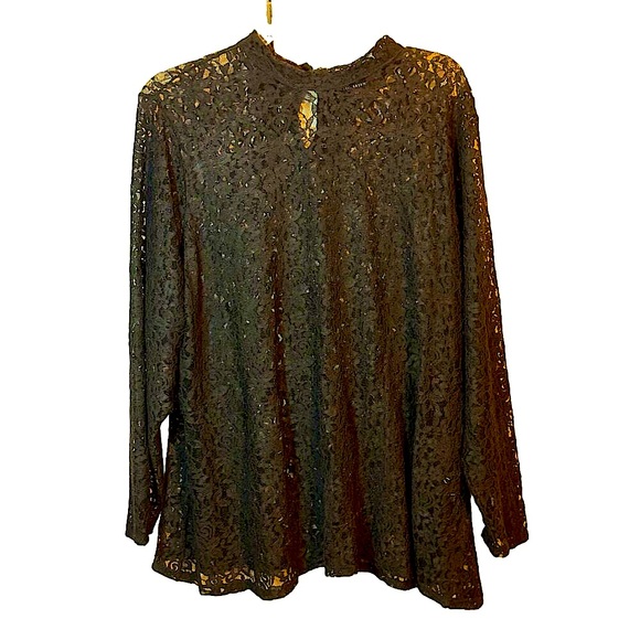 LANE BRYANT Blouse Top sz30/32 Sheer Black Lace Long Sleeve 2Button Keyhole Back - Picture 1 of 14
